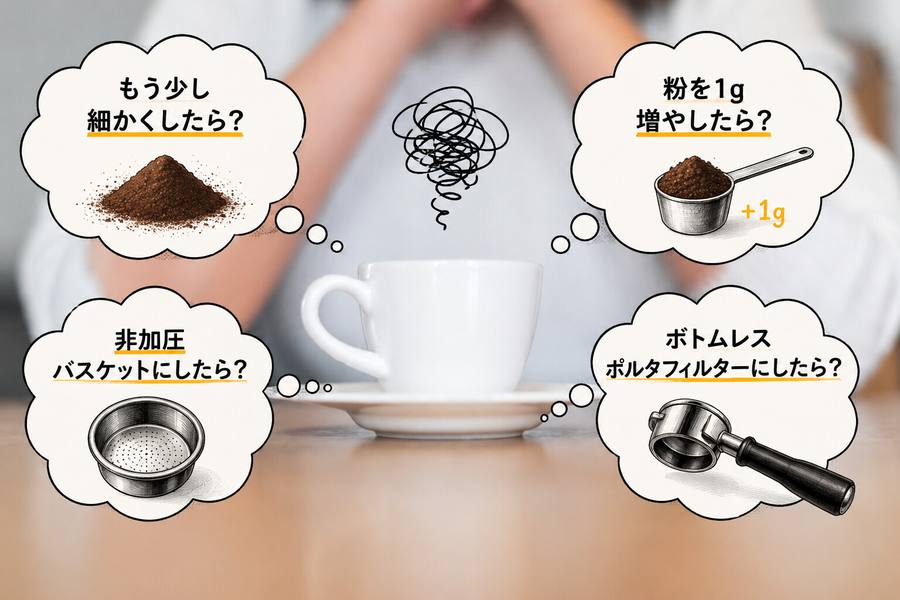 もう少し細かくしたら？ 粉を1g増やしたら？ 非加圧バスケットにしたら？ ボトムレスポルタフィルターにしたら？ ── 4つの思考バブル